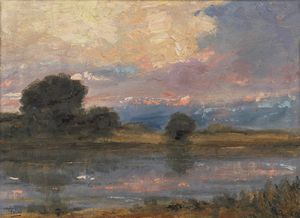 FOLLINI CARLO (1848 - 1938) - Paesaggio al tramonto.
