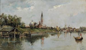 REYNA MANESCAU ANTONIO (1859 - 1937) - Canale veneziano con gondola.