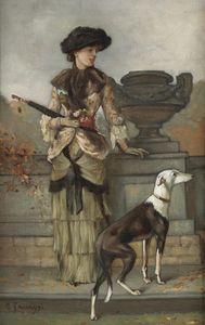 SACCAGGI CESARE (1868 - 1934) - Ritratto di gentildonna con cane.