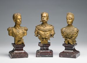 PANDIANI ANTONIO (1838 - 1928) - Tre sculture in bronzo dorato raffiguranti il giovane Vittorio Emanuele III, Umberto I, Margherita di Savoia.