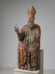 SCULTORE ABRUZZESE DEL XV SECOLO - Santo vescovo in legno policromo.