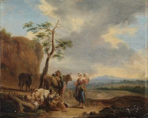 ARTISTA FIAMMINGO DEL XVII SECOLO - Paesaggio con pastori e mucche.