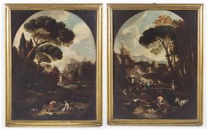 ARTISTA ROMANO DEL XVII SECOLO - Coppia di dipinti raffiguranti scene pastorali.