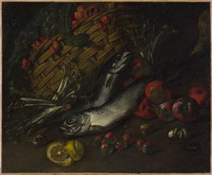ARTISTA LOMBARDO DEL XVII SECOLO - Natura morta con cesta, pesci, frutta e ortaggi.