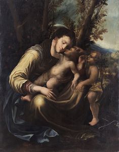 ARTISTA EMILIANO DEL XVI SECOLO - Madonna con Bambino e San Giovannino.