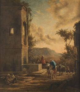 WEENIX JEAN BAPTISTE (1621 - 1665) : Paesaggio con viandanti presso una fontana.  - Asta ASTA 326 - ARTE ANTICA E DEL XIX SECOLO - Associazione Nazionale - Case d'Asta italiane