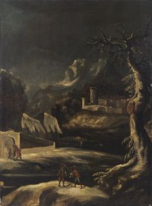 Scuola veneta del XVIII secolo - Paesaggio notturno con contadini.