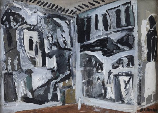 MARIO SIRONI Sassari 1885 - 1961 Milano : Studio d'interno con pitture murali 1940 circa  - Asta Asta 187 Dipinti e sculture del '900 e contemporanee - Associazione Nazionale - Case d'Asta italiane