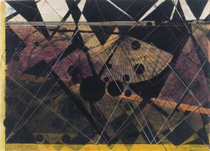 LUIGI SPAZZAPAN Gradisca d'Isonzo (GO) 1889 - 1958 Torino - Composizione geometrica (con cerchi neri e ventaglio) anni '50