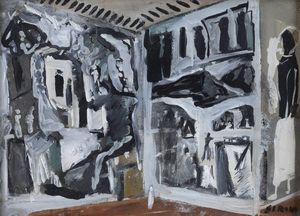 MARIO SIRONI Sassari 1885 - 1961 Milano - Studio d'interno con pitture murali 1940 circa