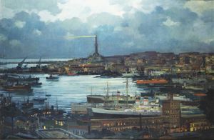 RENATO NATALI Livorno 1883 - 1979 - Il porto di Genova anni '40