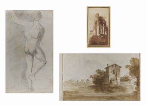 ARTISTA VENETO DEL XVIII SECOLO - Coppia di disegni raffiguranti paesaggio con rovine e paesaggio con case e al retro nudo d'uomo.