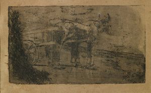 FATTORI GIOVANNI (1825 - 1908) - Paesaggio con buoi e carro.