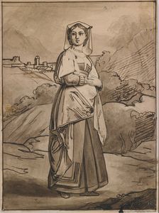 PINELLI BARTOLOMEO (1781 - 1835) - Attribuito a. Popolana romana in costume. Al retro due studi di donne.