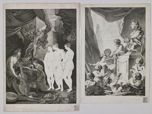 Scuola francese del XVIII secolo - Coppia di incisioni raffiguranti Le tre Grazie e il trionfo delle arti.