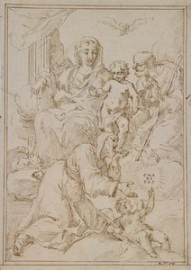ZAMPIERI DOMENICO (1581 - 1641) - Attribuito a. Madonna con bambino, San Giuseppe e San Francesco da Paola.