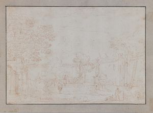 Scuola romana del XVIII secolo - Paesaggio con alberi e figure.