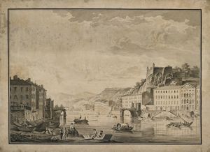 Scuola toscana del XVIII secolo - Paesaggio fluviale con personaggi.