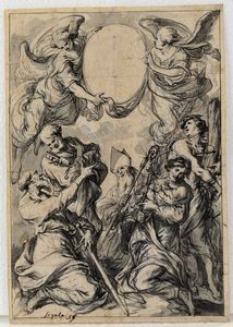 PIETRO DA CORTONA (1596 - 1669) - Attribuito a. Angeli e Santi. Studio per Pala d'altare.