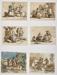 ARTISTA OLANDESE DEL XVIII SECOLO - Gruppo di sei disegni raffiguranti scene pastorali.