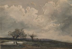 Scuola lombarda del XIX secolo - Paesaggio con figure.