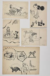 ARTISTA DEL XX SECOLO - Gruppo di cinque disegni raffiguranti illustrazioni per l'infanzia.