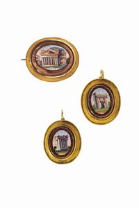 DEMI-PARURE - Peso gr 20 9 in oro a bassa caratura composta da spilla e coppia di orecchini  XIX secolo  con micromosaici vitrei  [..]