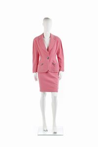 MUGLER THIERRY - Completo composto da giacca e gonna in cotone rosa, bottoni gioiello. Taglia 38.IT,