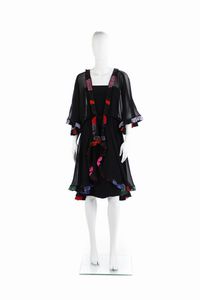 CAPUCCI ROBERTO - Abito nero con soprabito con rouches  multicolore di Capucci Alta moda. Taglia abito 48IT.