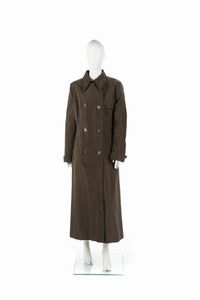 FERRE' GIANFRANCO - Cappotto doppio petto in seta e lana verde militare con inserti in pelle, cintura.