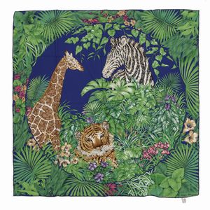 FERRAGAMO SALVATORE - Foulard in seta. Tigre, giraffa e zebra su fondo blu.