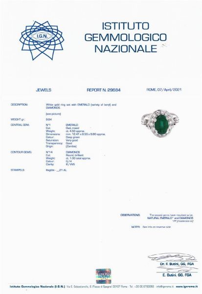 ANELLO CON SMERALDO ZAMBIA E DIAMANTI  - Asta GIOIELLI - Associazione Nazionale - Case d'Asta italiane