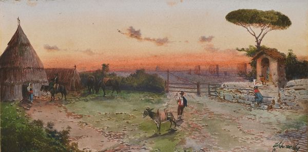 SCHIANCHI FEDERICO (1858 - 1919) : Paesaggio con contadini e animali.  - Asta ASTA 331 - ARTE ANTICA E DEL XIX SECOLO (banditore virtuale) - Associazione Nazionale - Case d'Asta italiane