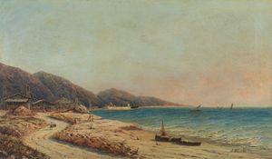 BOUCHE' ERNEST (n. 1823) - Marina con barche e personaggio.