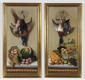 MEUCCI MICHELANGELO (1840 - 1909) - Coppia di dipinti raffiguranti nature morte di frutta con cacciagione.