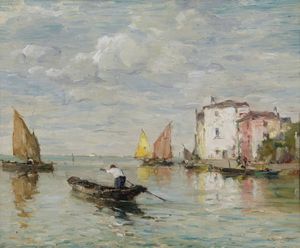 ZENO (EUGENIO BONIVENTO) (1880 - 1956) - Paesaggio lagunare con barche.