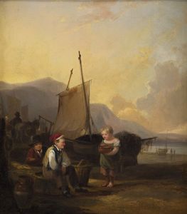 HAYER JOSEPH (1816 - 1891) - Paesaggio marino con bambini e pescatori.