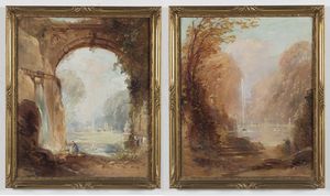 MARKS FERDINAND LOUIS  (1861 - 1943) - Coppia di dipinti raffiguranti paesaggi con personaggi.