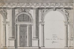 Scuola romana del XVIII secolo - Portici con porte di ordine Dorico.
