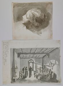 PAGHINI DOMENICO (1778 - 1850) - Coppia di disegni raffiguranti studio di testa femminile e interno di convento.