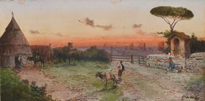 SCHIANCHI FEDERICO (1858 - 1919) - Paesaggio con contadini e animali.