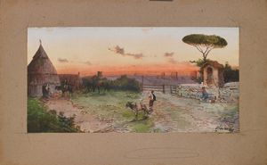 SCHIANCHI FEDERICO (1858 - 1919) : Paesaggio con contadini e animali.  - Asta ASTA 331 - ARTE ANTICA E DEL XIX SECOLO (banditore virtuale) - Associazione Nazionale - Case d'Asta italiane
