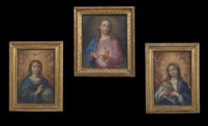 ARTISTA ROMANO DEL XVIII SECOLO - Gruppo di tre dipinti raffiguranti Madonna, Sacro Cuore di Gesù e Cristo con globo.