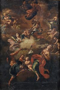ARTISTA AUSTRIACO DEL XVIII SECOLO - Apoteosi con angeli e cherubini recanti insegna con aquila bicipite, probabile omaggio alla Casata degli Asburgo.