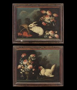 ARTISTA DEL XVIII SECOLO - Coppia di nature morte con lepre e gallo.