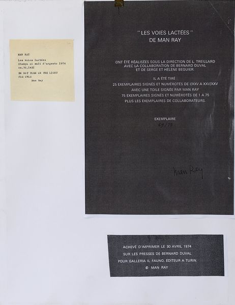 MAN RAY  (1890 - 1976) : Les Voies lactes.  - Asta ASTA 333 - ARTE MODERNA E CONTEMPORANEA (online) - Associazione Nazionale - Case d'Asta italiane
