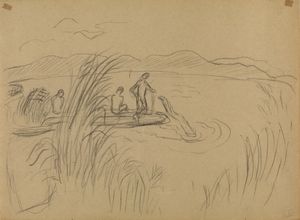 CHAPLIN ELISABETH  (1890 - 1982) - Bagnanti entro paesaggio lacustre.