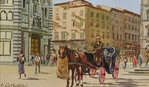 Enrico Corazzi : Carrozza in piazza San Giovanni  - Asta Arte Moderna e Contemporanea, '800 e'900 - Associazione Nazionale - Case d'Asta italiane