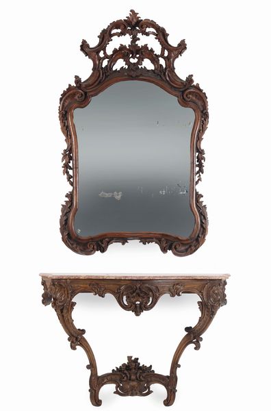 Console con specchiera in legno intagliato, XVIII-XIX secolo  - Asta Arredi | Cambi Time - Associazione Nazionale - Case d'Asta italiane