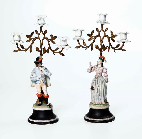 Coppia di candelabri in biscuit e metallo dorato  - Asta Da una collezione genovese | Cambi Time - Associazione Nazionale - Case d'Asta italiane